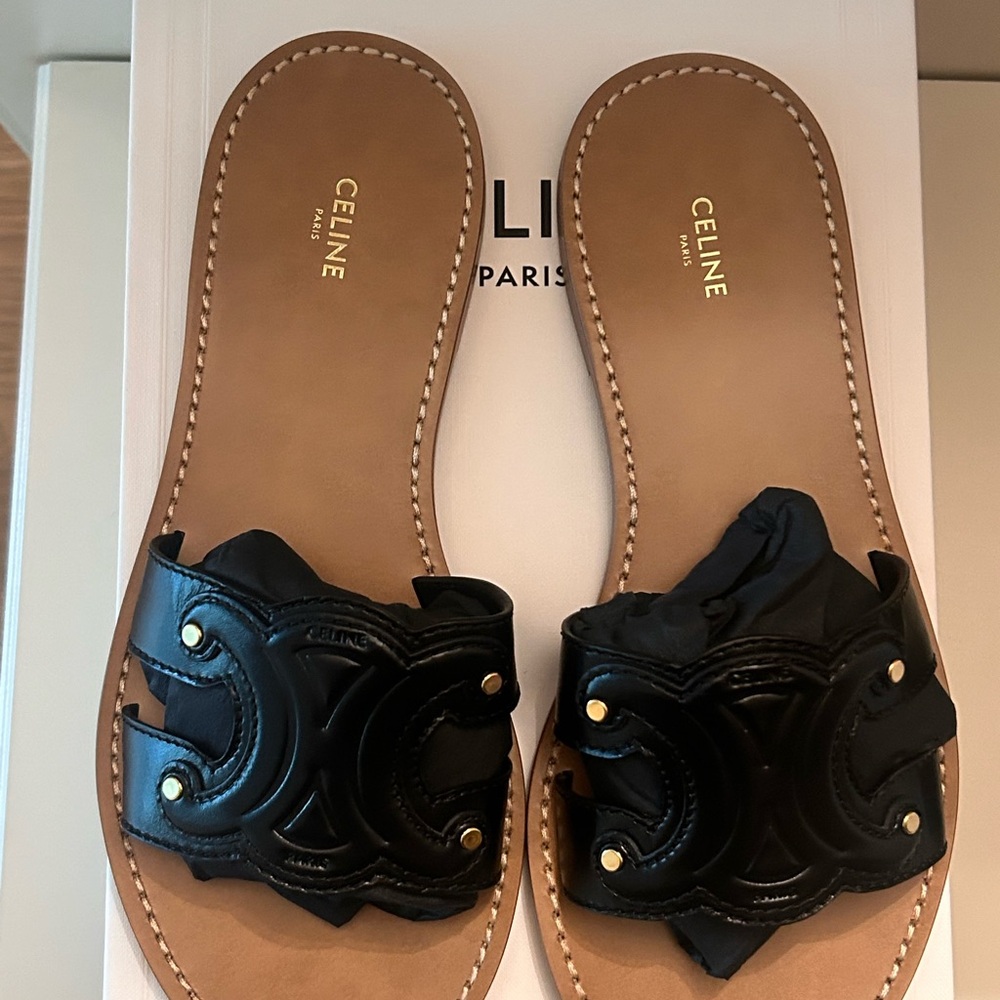 Celine Black Leather Slide Sandals